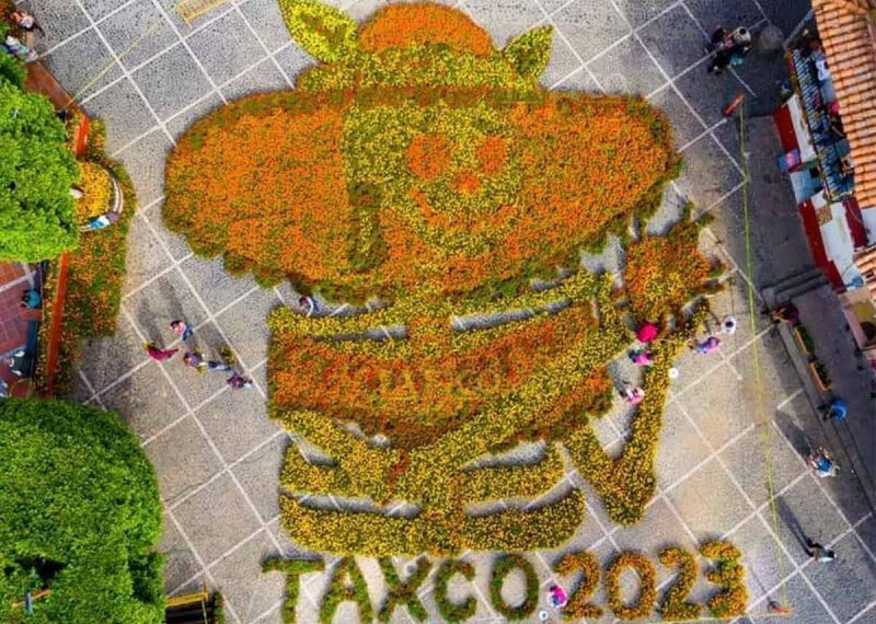 Arman en Taxco catrina monumental con 14 mil plantas de cempasúchil