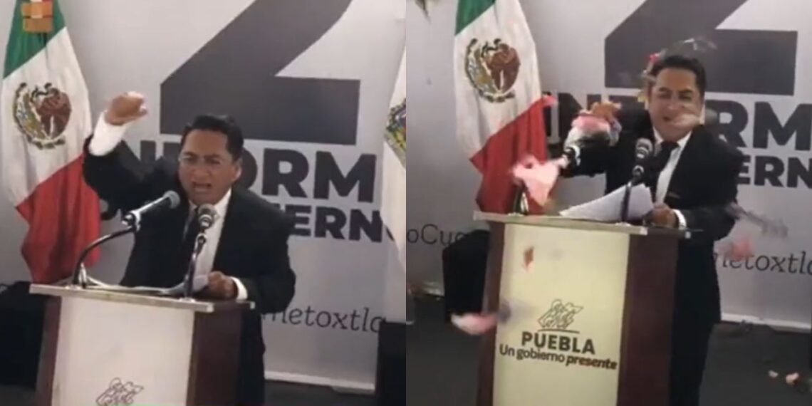 Abuchean con flores a presidente municipal de Juan C. Bonilla en Puebla