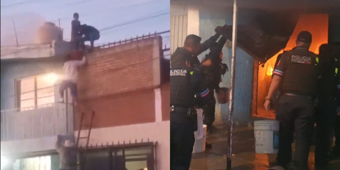 Rescatan a madre con sus 3 hijos de un incendio en Puebla