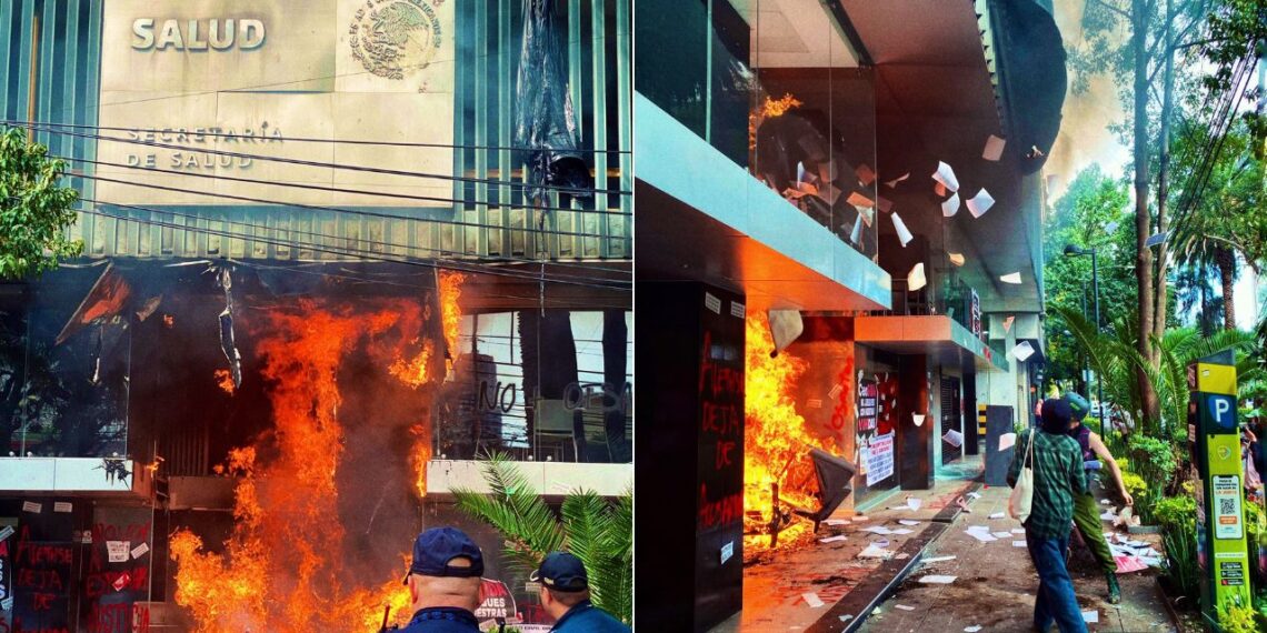 Manifestantes prenden fuego a entrada de Secretaría de Salud en Polanco