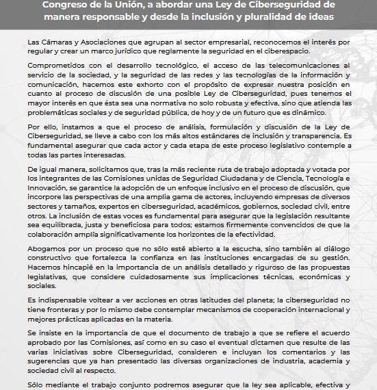 Camaras y asociaciones empresariales exhortan a diputados y senadores a abordar una Ley de Ciberseguridad de manera responsable y desde la inclusión y pluralidad de ideas