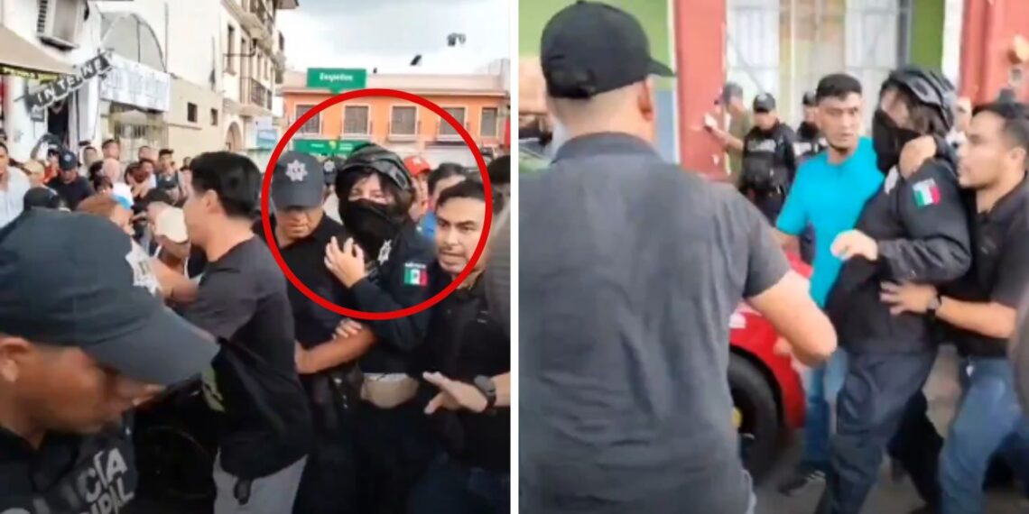 Alcaldesa de San Andrés Tuxtla intenta escapar de manifestantes vestida de policía