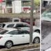 Tubo de metal cae del segundo piso del Periférico Sur; hay dos autos afectados