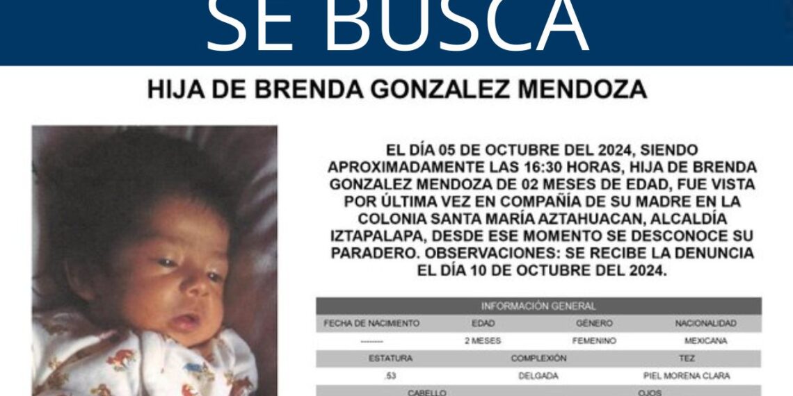 Piden ayuda para localizar a bebé desparecida en Iztapalapa