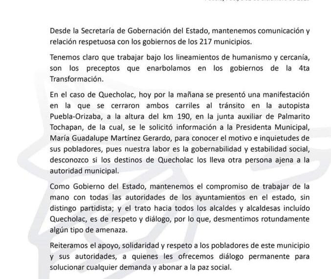 Desmiente Segob Puebla cualquier tipo de amenazas