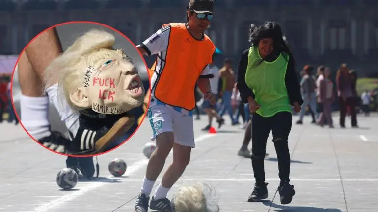 ‘Retas’ de fútbol con balones de Trump en CDMX en protesta por el ‘Mundial del despojo’