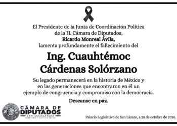 El presidente de la Junta de Coordinación Política, diputado Ricardo Monreal, expresa su profundo pesar por el fallecimiento del Ing. Cuauhtémoc Cárdenas Solórzano
